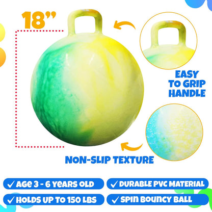 20 Inch Hopper Ball with Handle for Kids (50cm) Hippity Hop Jumping Ball | Marble Green & Yellow Bouncy Ball with Hand Pump for Sit & Spin, Active Play, Balance, Exercise & Outdoor Fun
