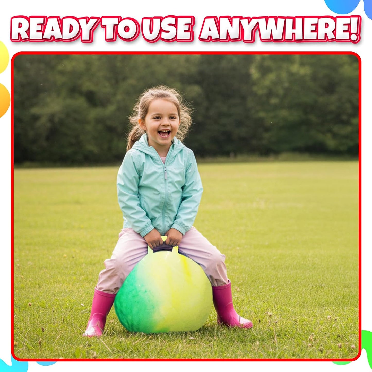 20 Inch Hopper Ball with Handle for Kids (50cm) Hippity Hop Jumping Ball | Marble Green & Yellow Bouncy Ball with Hand Pump for Sit & Spin, Active Play, Balance, Exercise & Outdoor Fun