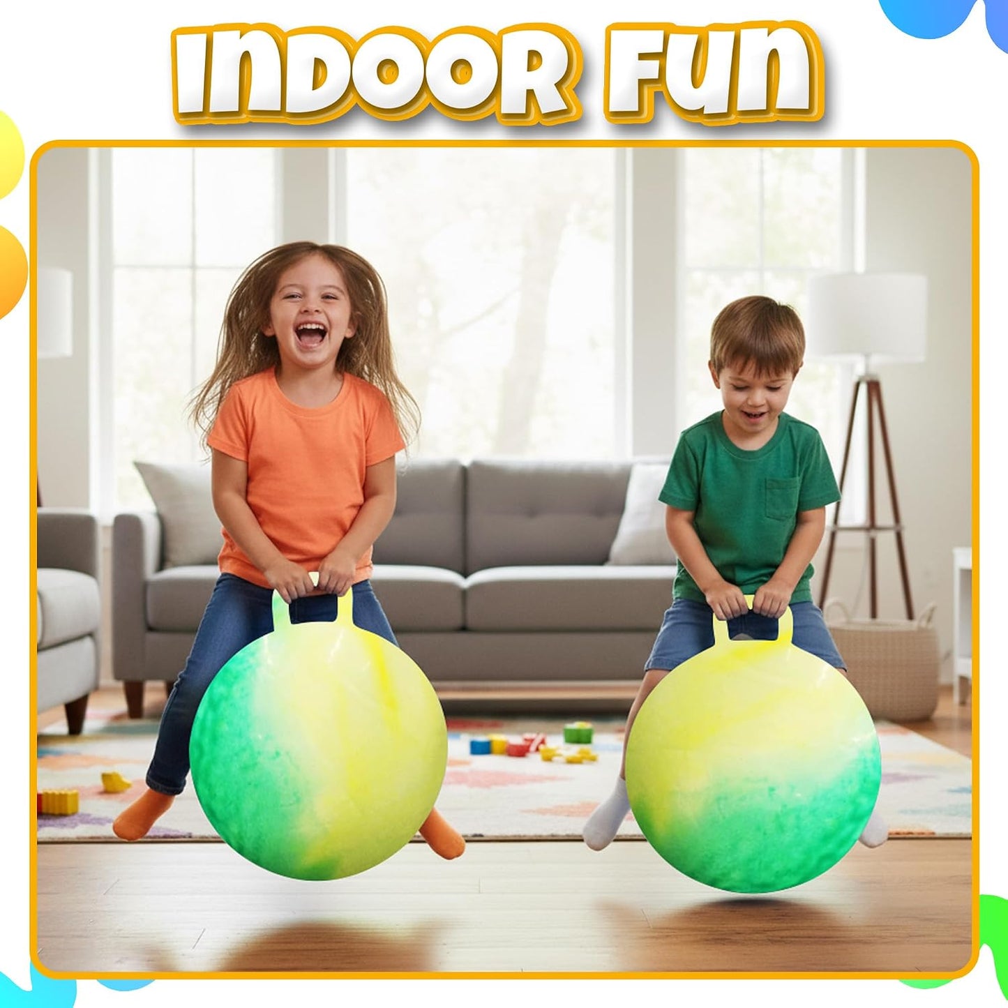 20 Inch Hopper Ball with Handle for Kids (50cm) Hippity Hop Jumping Ball | Marble Green & Yellow Bouncy Ball with Hand Pump for Sit & Spin, Active Play, Balance, Exercise & Outdoor Fun