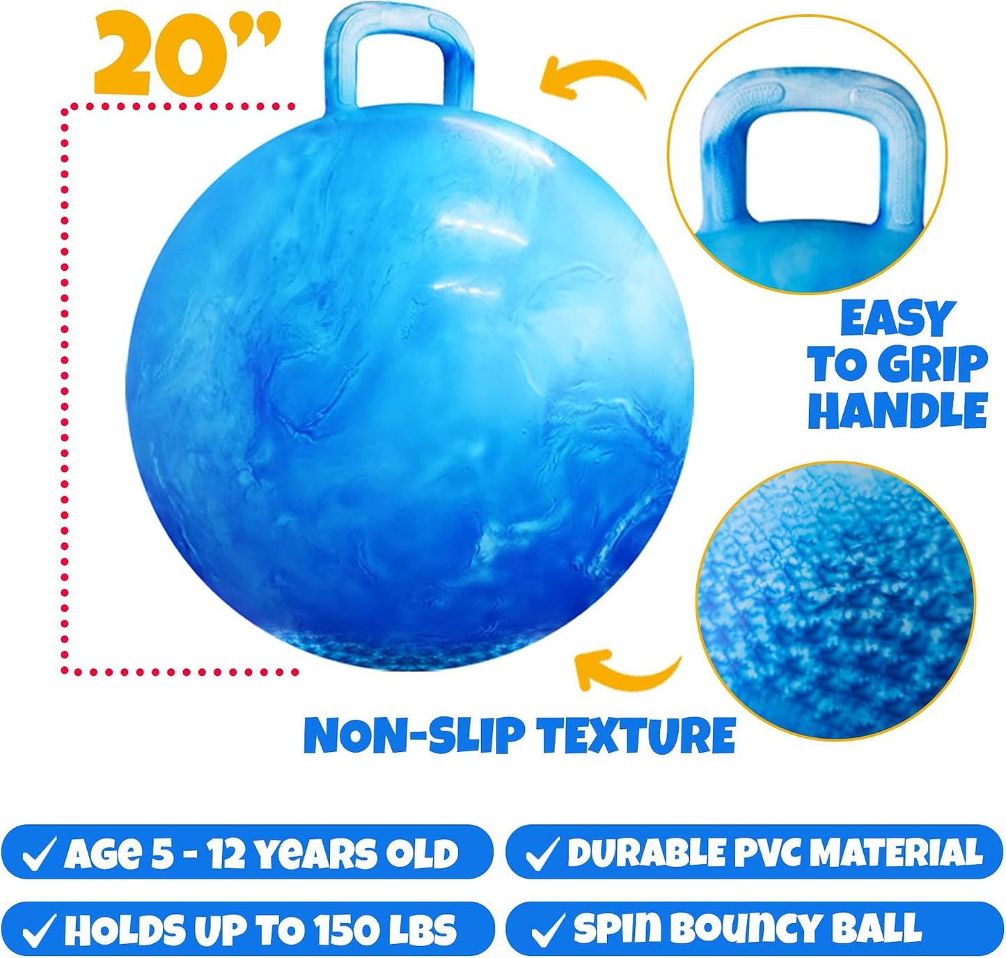 20 Inch Hopper Ball with Handle for Kids (50cm) Hippity Hop Jumping Ball | Marble Green & Yellow Bouncy Ball with Hand Pump for Sit & Spin, Active Play, Balance, Exercise & Outdoor Fun