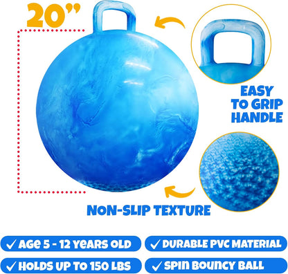 20 Inch Hopper Ball with Handle for Kids (50cm) Hippity Hop Jumping Ball | Marble Green & Yellow Bouncy Ball with Hand Pump for Sit & Spin, Active Play, Balance, Exercise & Outdoor Fun