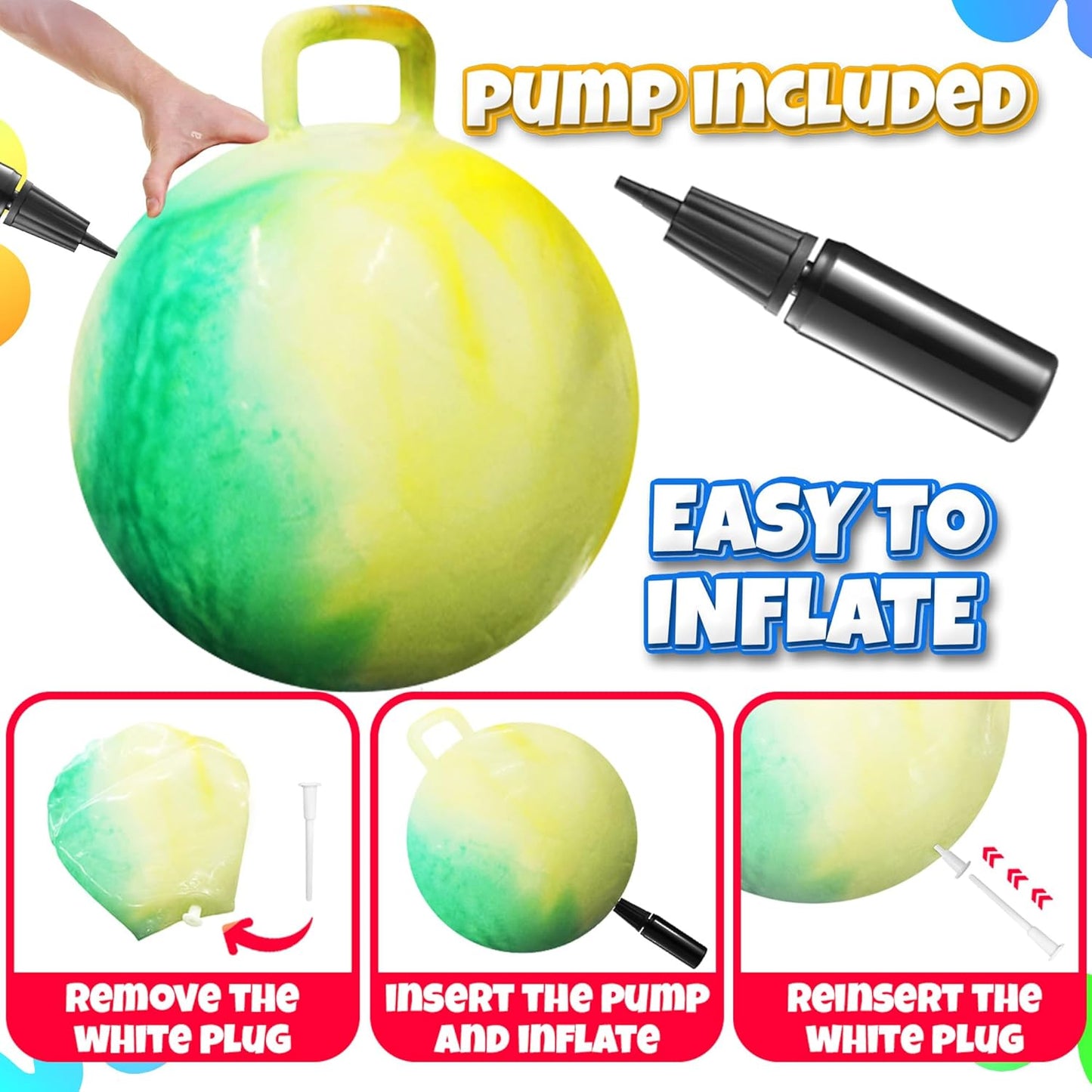 20 Inch Hopper Ball with Handle for Kids (50cm) Hippity Hop Jumping Ball | Marble Green & Yellow Bouncy Ball with Hand Pump for Sit & Spin, Active Play, Balance, Exercise & Outdoor Fun