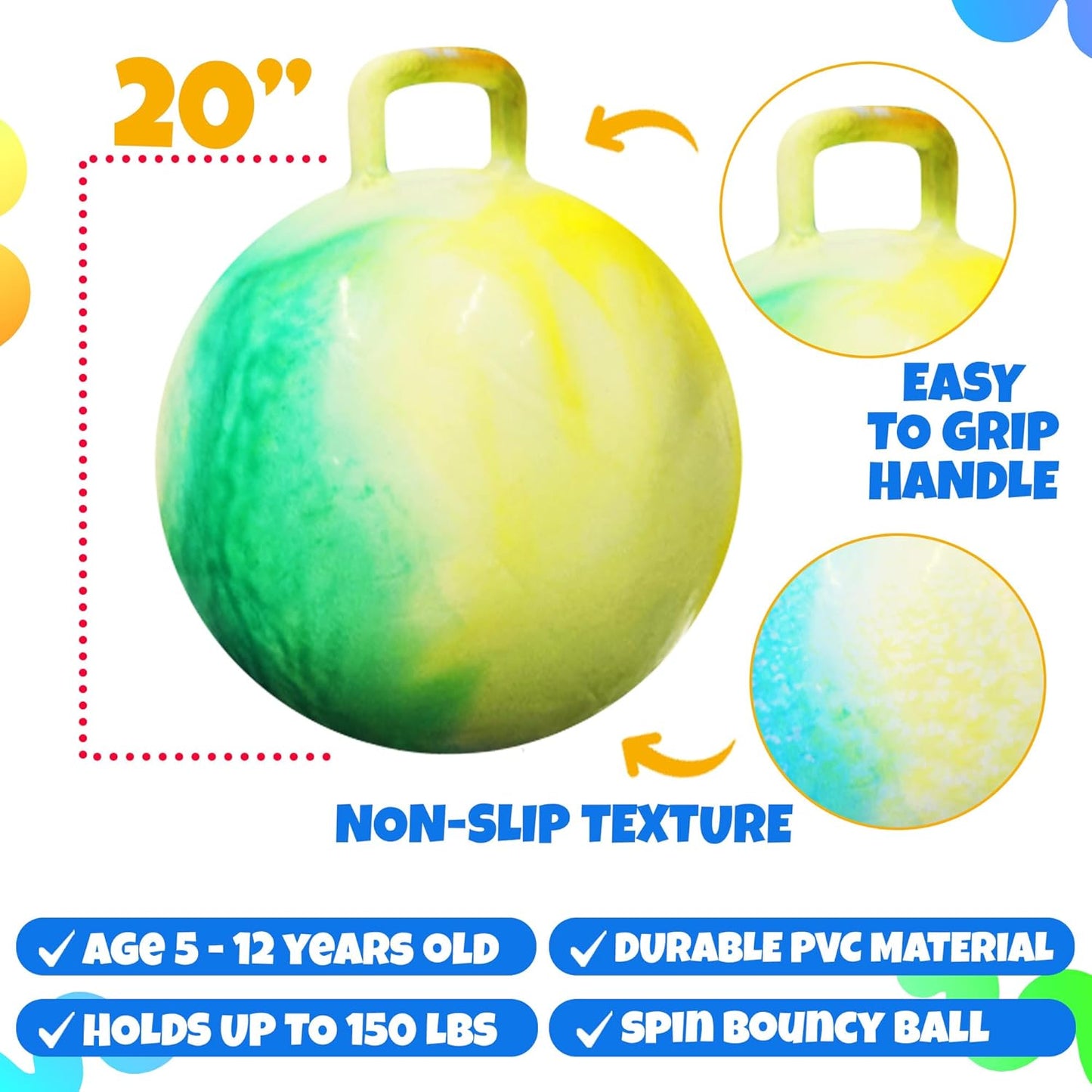 20 Inch Hopper Ball with Handle for Kids (50cm) Hippity Hop Jumping Ball | Marble Green & Yellow Bouncy Ball with Hand Pump for Sit & Spin, Active Play, Balance, Exercise & Outdoor Fun