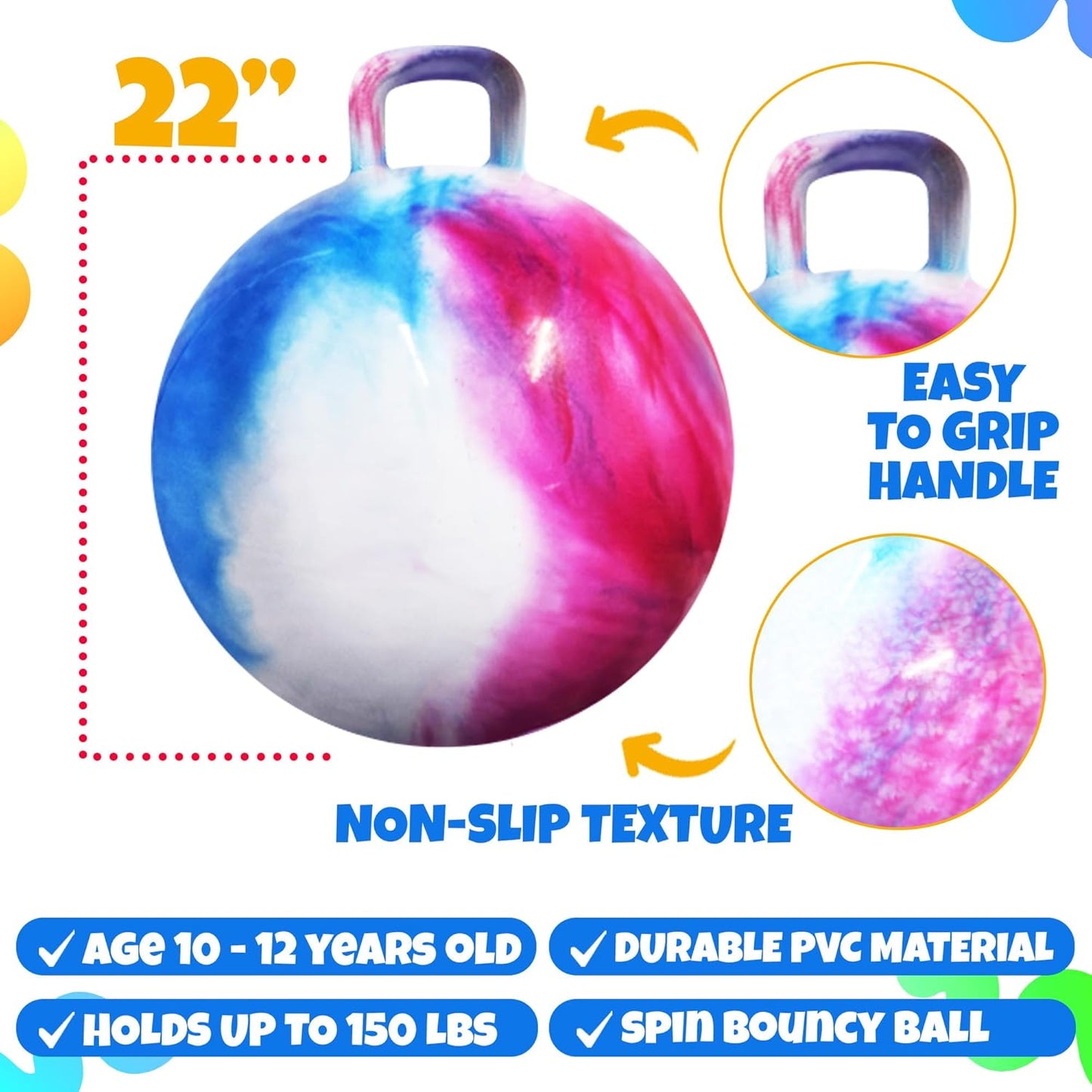20 Inch Hopper Ball with Handle for Kids (50cm) Hippity Hop Jumping Ball | Marble Green & Yellow Bouncy Ball with Hand Pump for Sit & Spin, Active Play, Balance, Exercise & Outdoor Fun