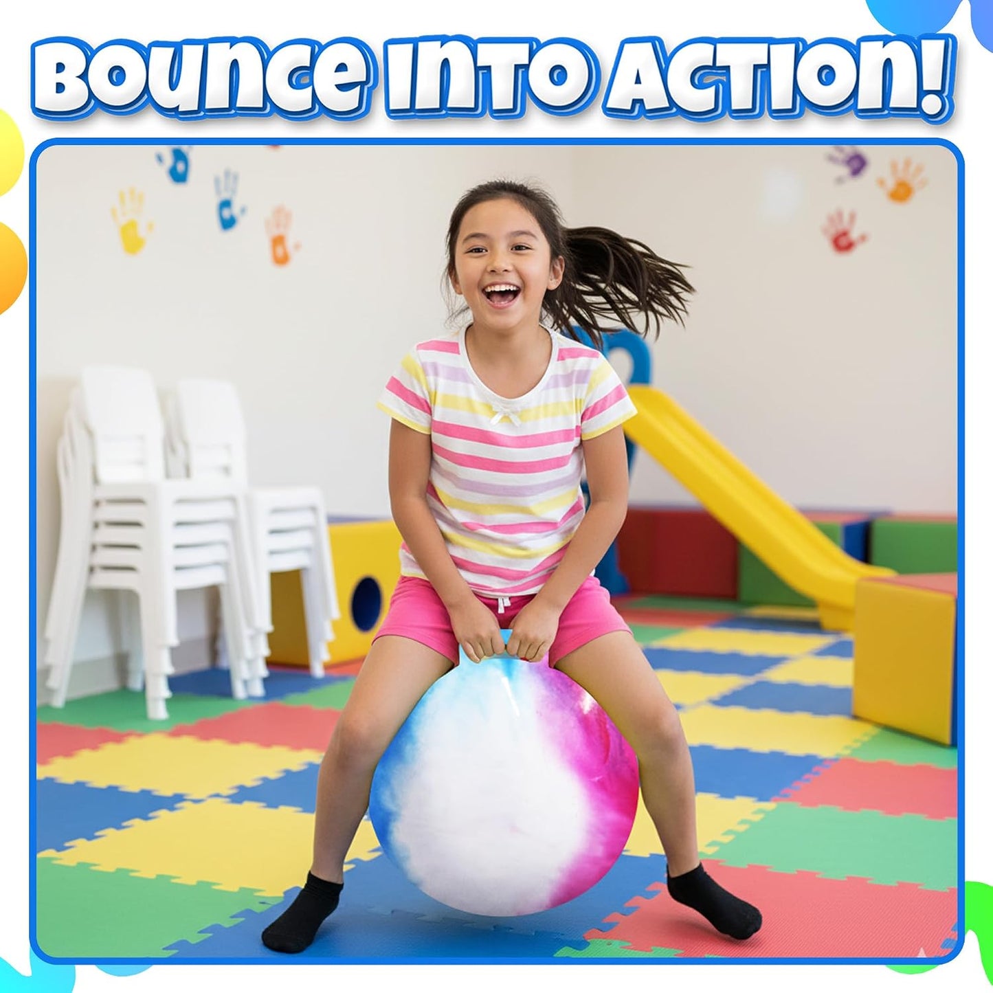 20 Inch Hopper Ball with Handle for Kids (50cm) Hippity Hop Jumping Ball | Marble Green & Yellow Bouncy Ball with Hand Pump for Sit & Spin, Active Play, Balance, Exercise & Outdoor Fun