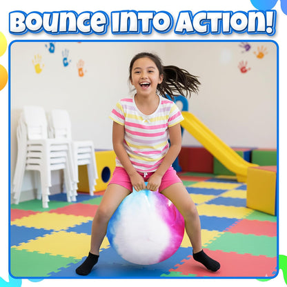 20 Inch Hopper Ball with Handle for Kids (50cm) Hippity Hop Jumping Ball | Marble Green & Yellow Bouncy Ball with Hand Pump for Sit & Spin, Active Play, Balance, Exercise & Outdoor Fun