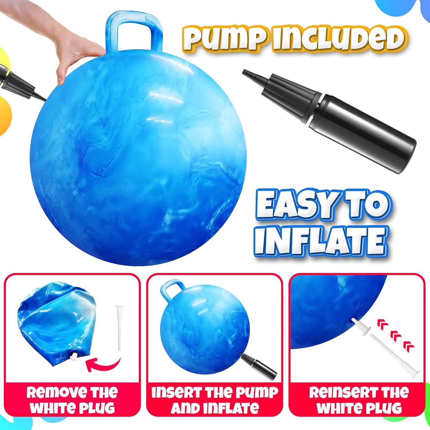 20 Inch Hopper Ball with Handle for Kids (50cm) Hippity Hop Jumping Ball | Marble Green & Yellow Bouncy Ball with Hand Pump for Sit & Spin, Active Play, Balance, Exercise & Outdoor Fun