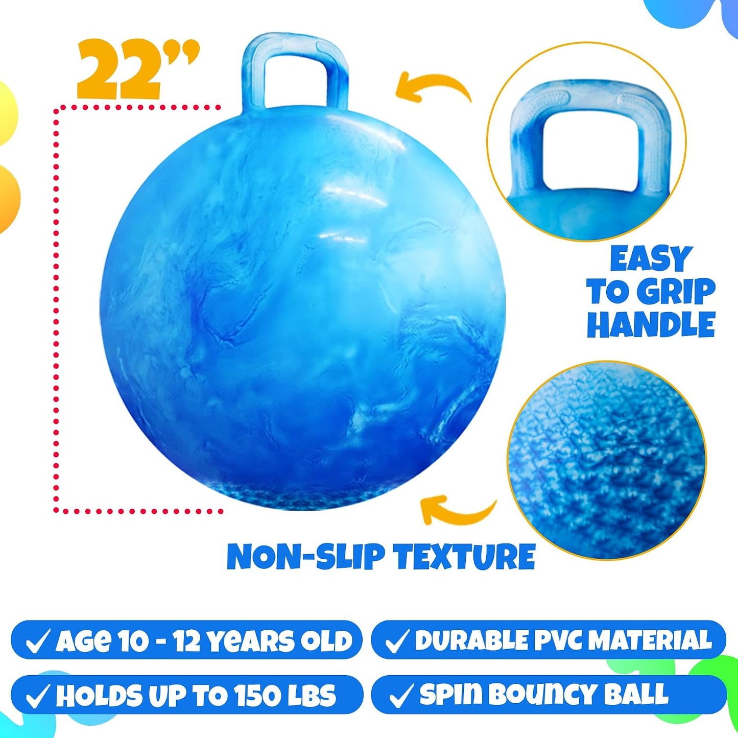 20 Inch Hopper Ball with Handle for Kids (50cm) Hippity Hop Jumping Ball | Marble Green & Yellow Bouncy Ball with Hand Pump for Sit & Spin, Active Play, Balance, Exercise & Outdoor Fun