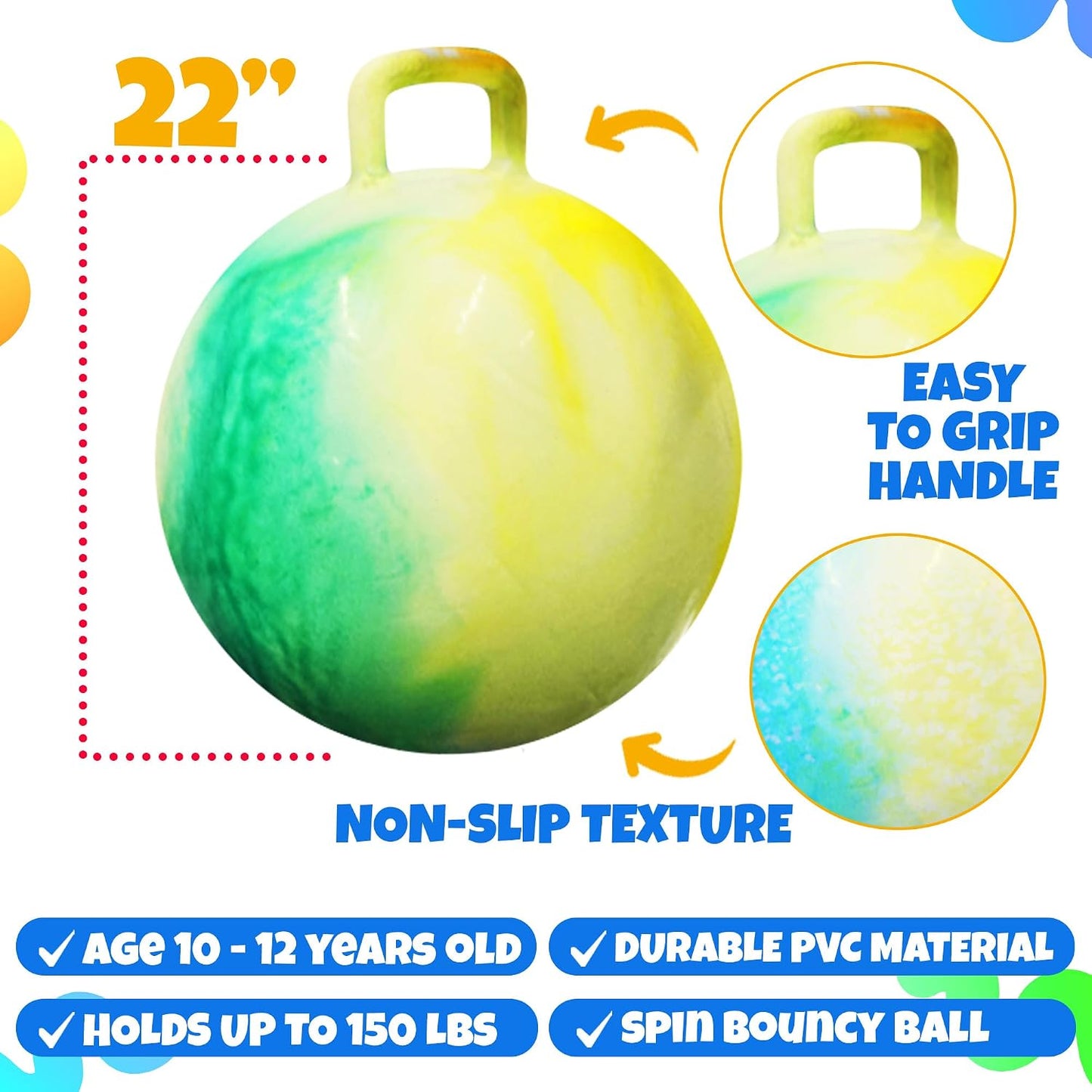 20 Inch Hopper Ball with Handle for Kids (50cm) Hippity Hop Jumping Ball | Marble Green & Yellow Bouncy Ball with Hand Pump for Sit & Spin, Active Play, Balance, Exercise & Outdoor Fun