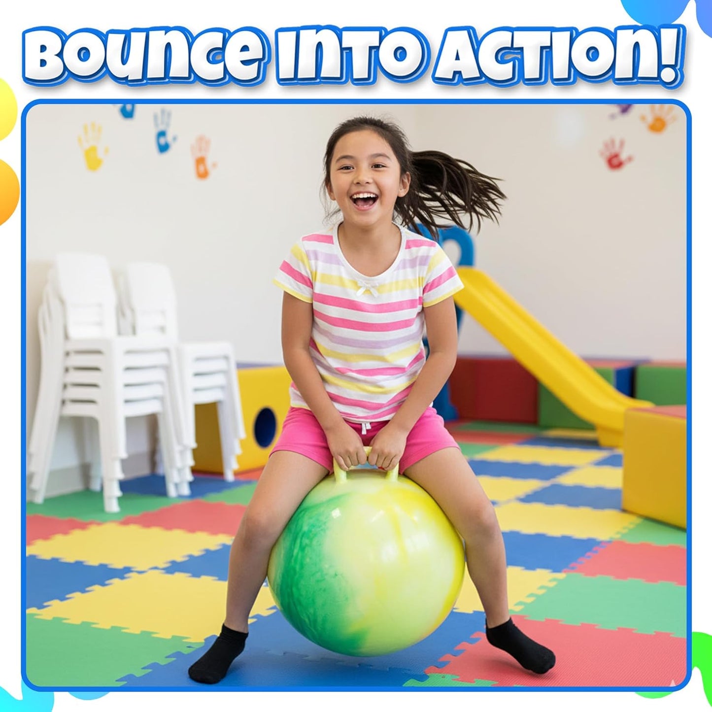 20 Inch Hopper Ball with Handle for Kids (50cm) Hippity Hop Jumping Ball | Marble Green & Yellow Bouncy Ball with Hand Pump for Sit & Spin, Active Play, Balance, Exercise & Outdoor Fun