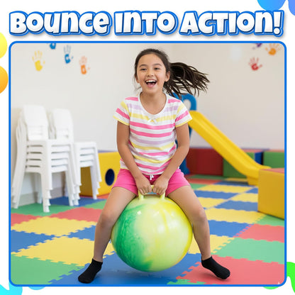 20 Inch Hopper Ball with Handle for Kids (50cm) Hippity Hop Jumping Ball | Marble Green & Yellow Bouncy Ball with Hand Pump for Sit & Spin, Active Play, Balance, Exercise & Outdoor Fun