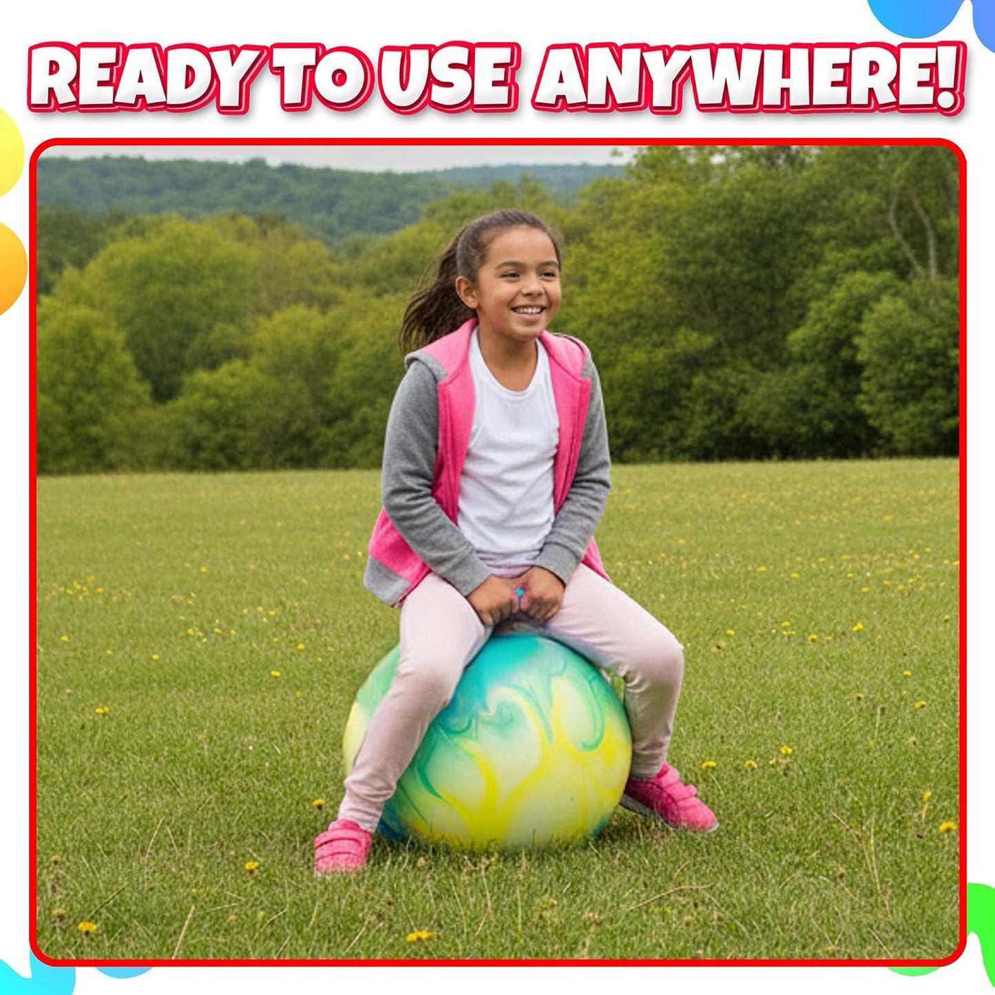 20 Inch Hopper Ball with Handle for Kids (50cm) Hippity Hop Jumping Ball | Marble Green & Yellow Bouncy Ball with Hand Pump for Sit & Spin, Active Play, Balance, Exercise & Outdoor Fun