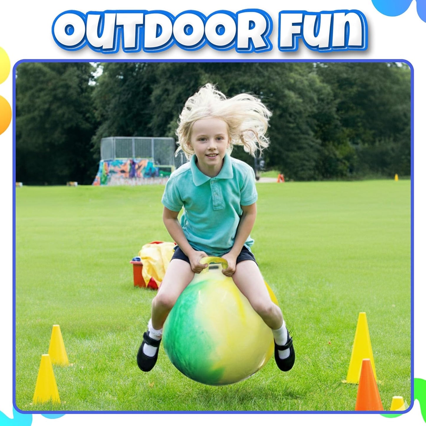 20 Inch Hopper Ball with Handle for Kids (50cm) Hippity Hop Jumping Ball | Marble Green & Yellow Bouncy Ball with Hand Pump for Sit & Spin, Active Play, Balance, Exercise & Outdoor Fun