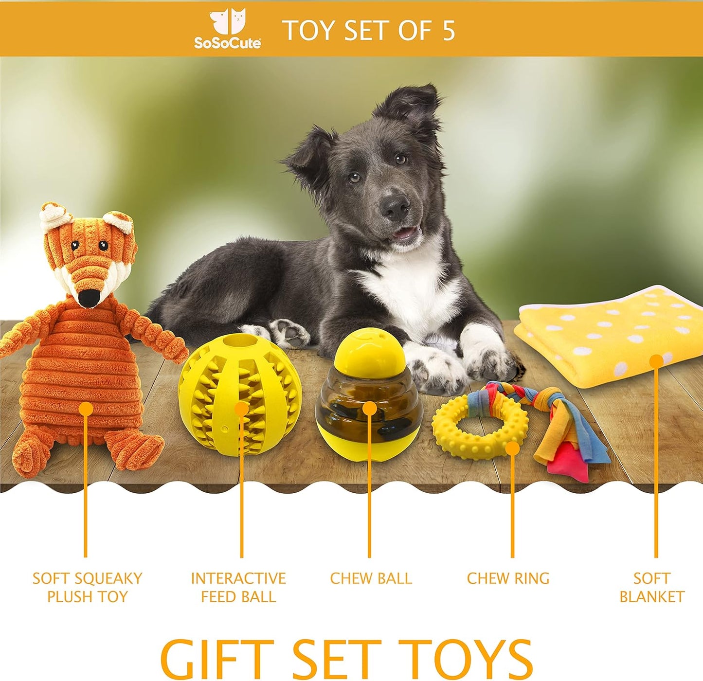 Puppy Starter Kit – 5pc Dog Toy Gift Set for Small Dogs – New Puppy Essentials Gift Box with Blanket, Squeaky Plush, Teething Ring, Treat Ball & Chew Ball (Yellow)