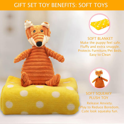 Puppy Starter Kit – 5pc Dog Toy Gift Set for Small Dogs – New Puppy Essentials Gift Box with Blanket, Squeaky Plush, Teething Ring, Treat Ball & Chew Ball (Yellow)