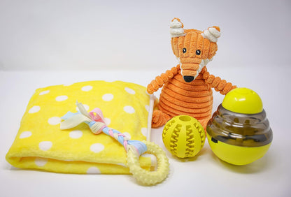 Puppy Starter Kit – 5pc Dog Toy Gift Set for Small Dogs – New Puppy Essentials Gift Box with Blanket, Squeaky Plush, Teething Ring, Treat Ball & Chew Ball (Yellow)