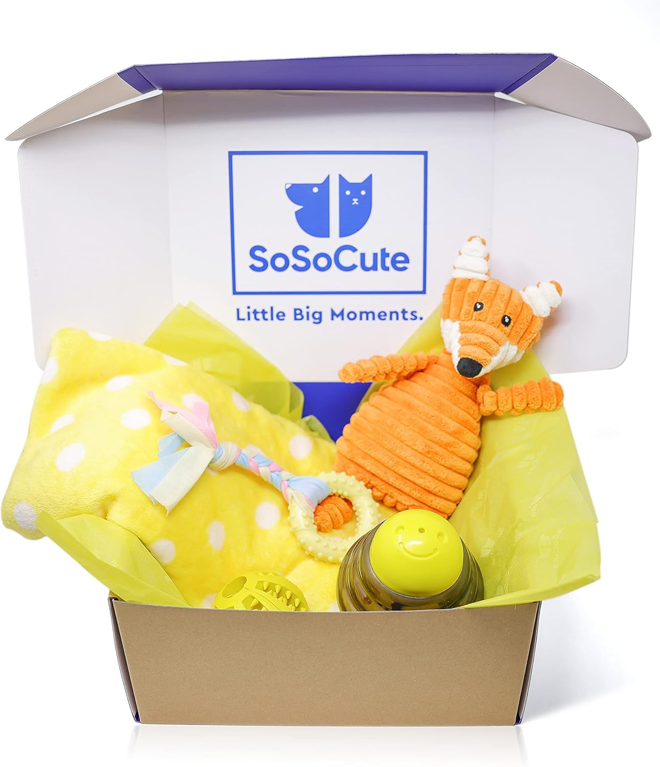 Puppy Starter Kit – 5pc Dog Toy Gift Set for Small Dogs – New Puppy Essentials Gift Box with Blanket, Squeaky Plush, Teething Ring, Treat Ball & Chew Ball (Yellow)