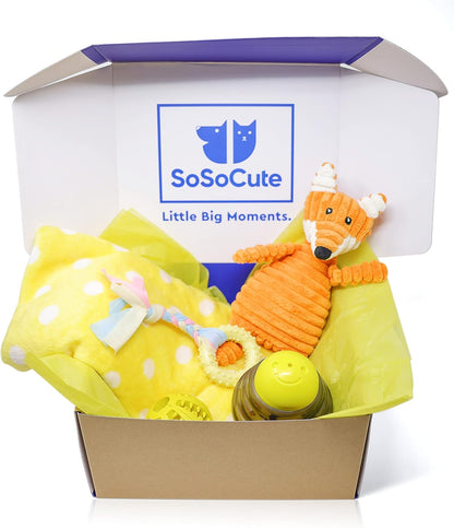 Puppy Starter Kit – 5pc Dog Toy Gift Set for Small Dogs – New Puppy Essentials Gift Box with Blanket, Squeaky Plush, Teething Ring, Treat Ball & Chew Ball (Yellow)