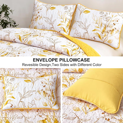 Yellow Quilt Set Queen,3 Pieces Reversible Elegant Yellow Botanical Leaves Pattern Bedspread Coverlet Soft Microfiber Bed Cover for All Season(96"×90")