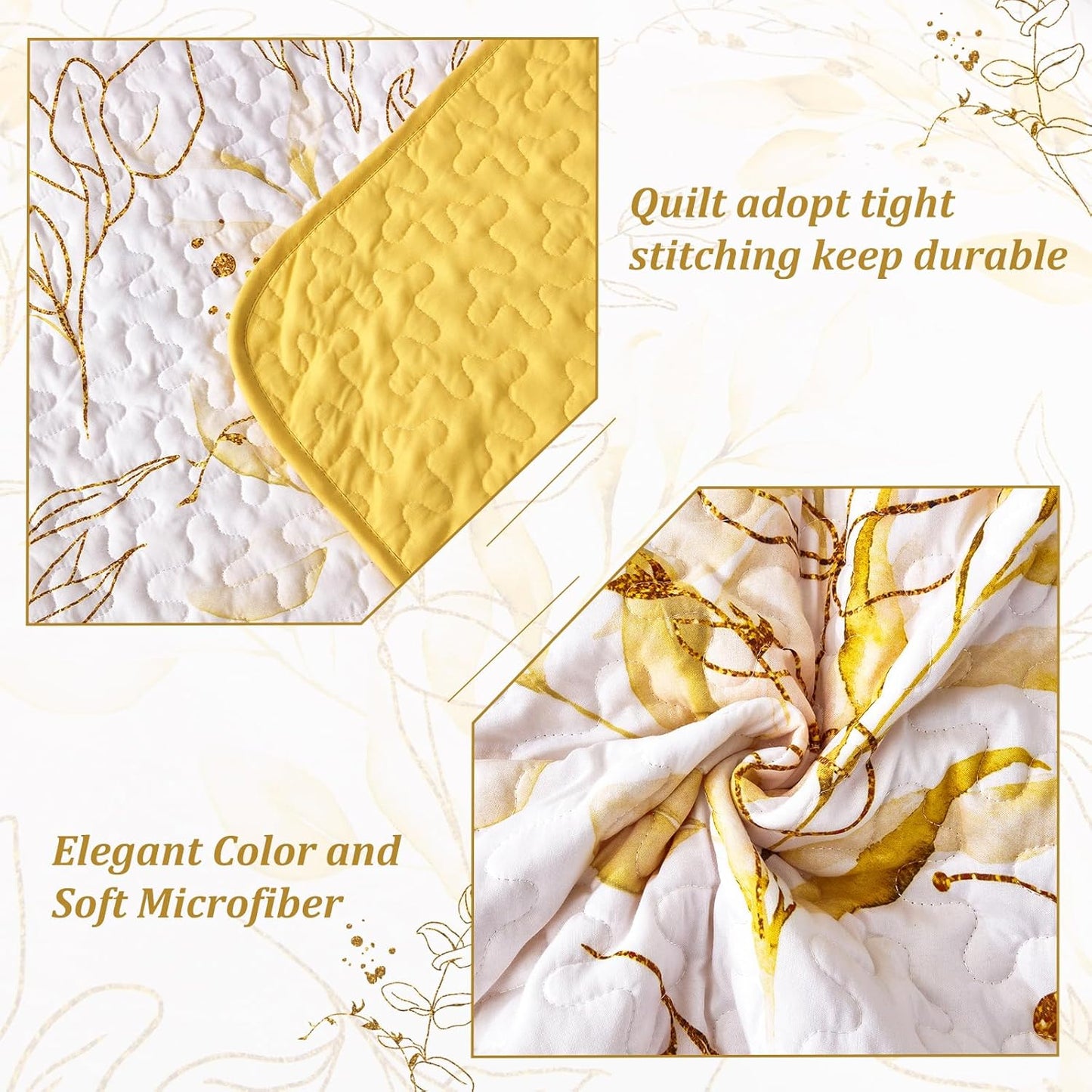 Yellow Quilt Set Queen,3 Pieces Reversible Elegant Yellow Botanical Leaves Pattern Bedspread Coverlet Soft Microfiber Bed Cover for All Season(96"×90")