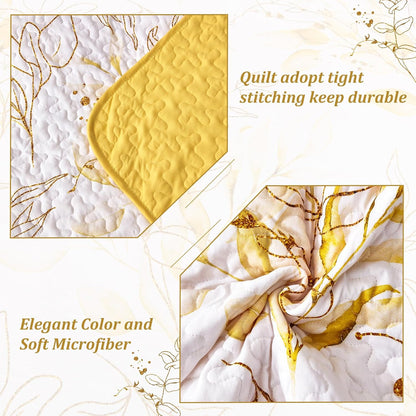 Yellow Quilt Set Queen,3 Pieces Reversible Elegant Yellow Botanical Leaves Pattern Bedspread Coverlet Soft Microfiber Bed Cover for All Season(96"×90")