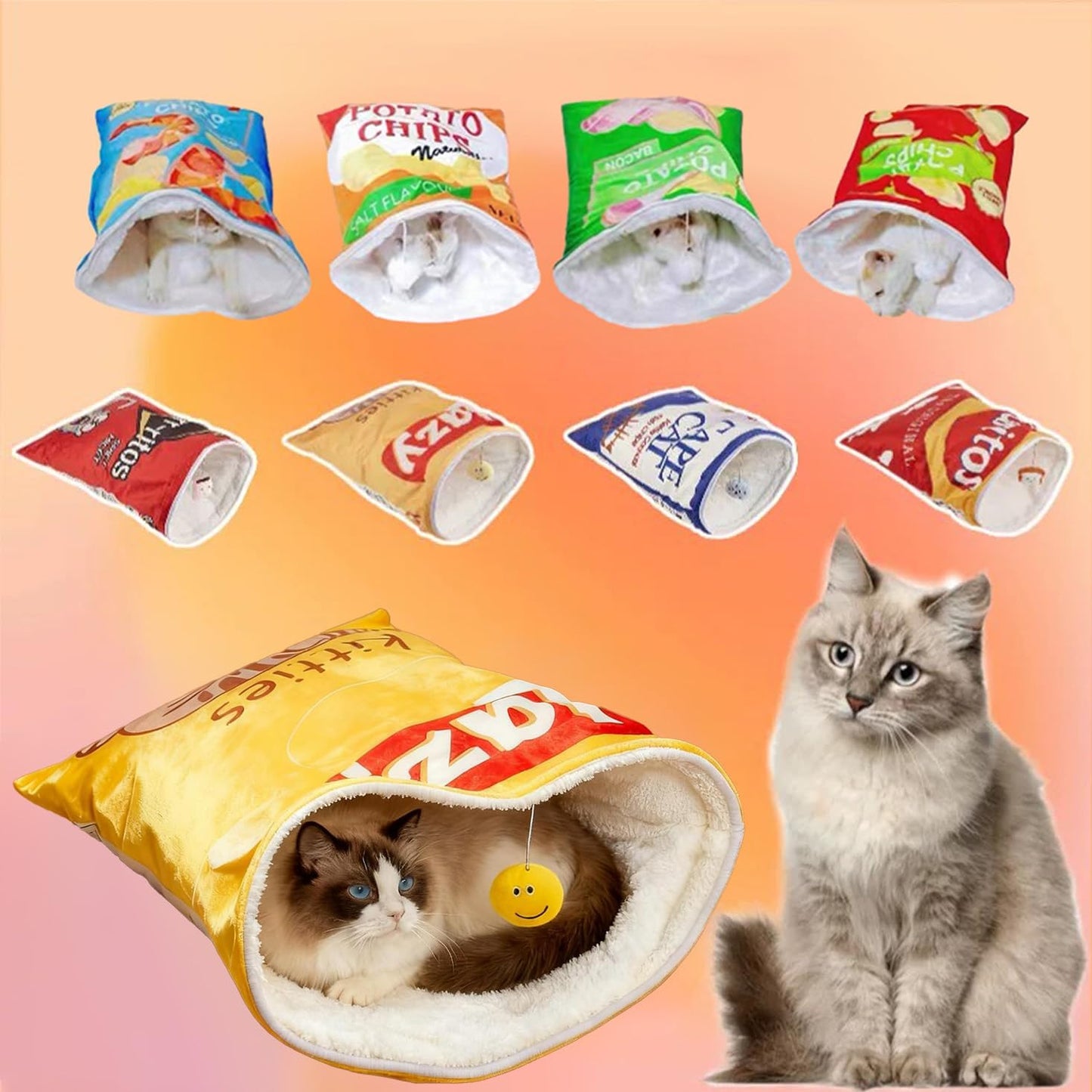 Cat Puppy Toy Sleeping Bag – Cute Potato Chip Bag Design with Hanging Snack Toy & Crinkle Paper Soft Plush Foldable Portable Cozy Cave for Small Dogs Kittens (Yellow)
