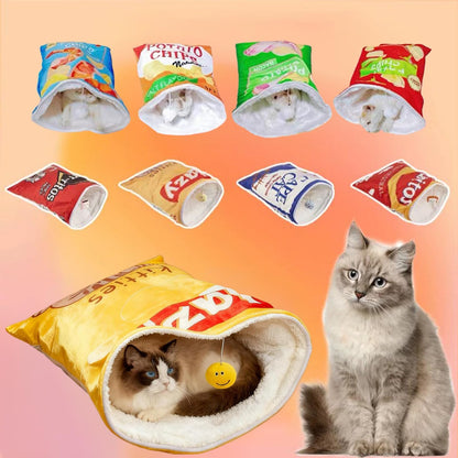 Cat Puppy Toy Sleeping Bag – Cute Potato Chip Bag Design with Hanging Snack Toy & Crinkle Paper Soft Plush Foldable Portable Cozy Cave for Small Dogs Kittens (Yellow)