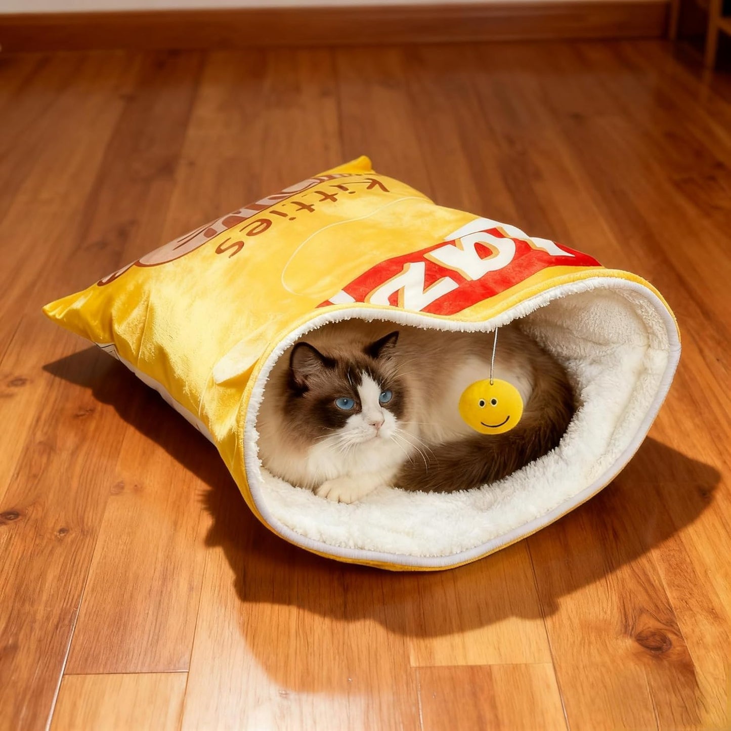 Cat Puppy Toy Sleeping Bag – Cute Potato Chip Bag Design with Hanging Snack Toy & Crinkle Paper Soft Plush Foldable Portable Cozy Cave for Small Dogs Kittens (Yellow)