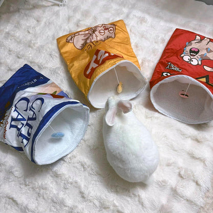 Cat Puppy Toy Sleeping Bag – Cute Potato Chip Bag Design with Hanging Snack Toy & Crinkle Paper Soft Plush Foldable Portable Cozy Cave for Small Dogs Kittens (Yellow)