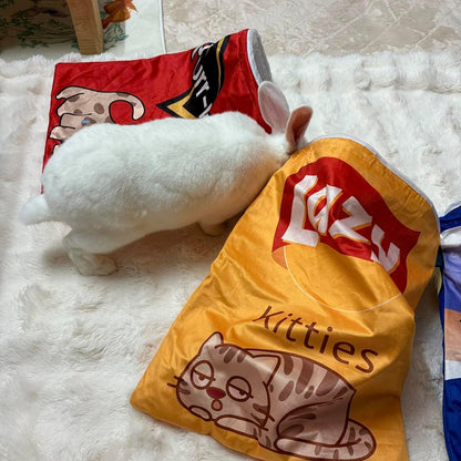 Cat Puppy Toy Sleeping Bag – Cute Potato Chip Bag Design with Hanging Snack Toy & Crinkle Paper Soft Plush Foldable Portable Cozy Cave for Small Dogs Kittens (Yellow)