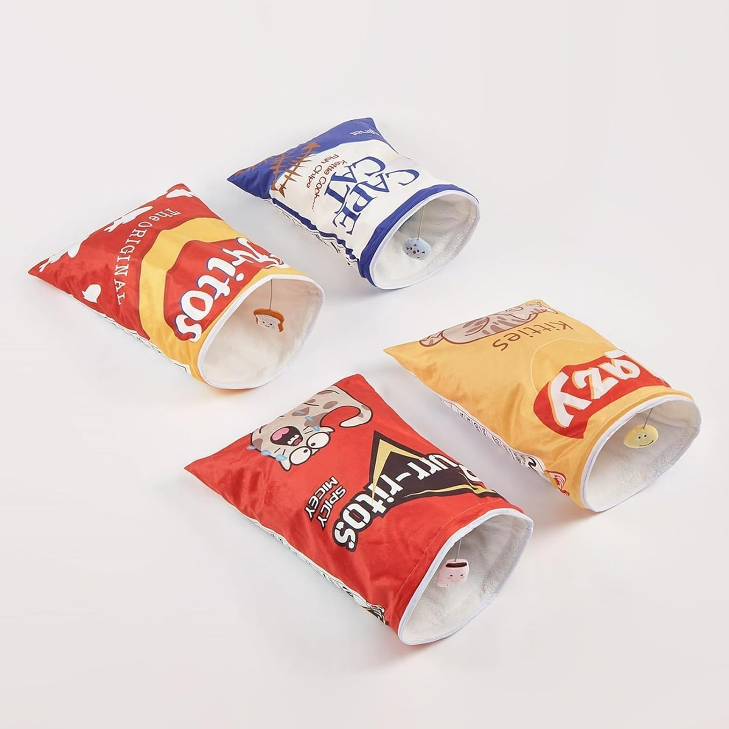 Cat Puppy Toy Sleeping Bag – Cute Potato Chip Bag Design with Hanging Snack Toy & Crinkle Paper Soft Plush Foldable Portable Cozy Cave for Small Dogs Kittens (Yellow)