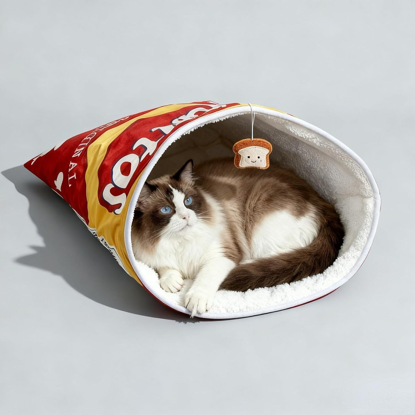 Cat Puppy Toy Sleeping Bag – Cute Potato Chip Bag Design with Hanging Snack Toy & Crinkle Paper Soft Plush Foldable Portable Cozy Cave for Small Dogs Kittens (Yellow)