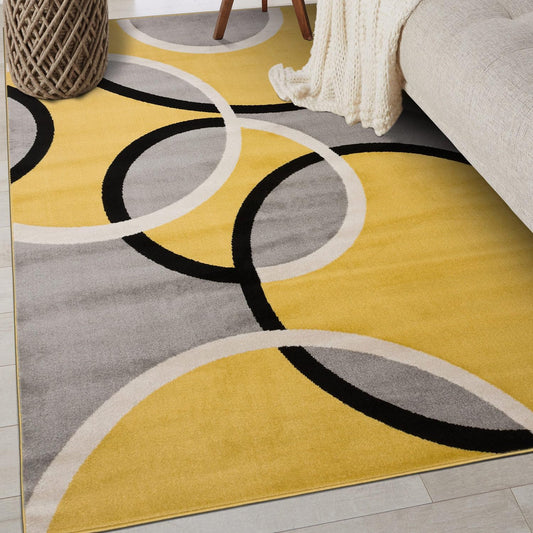 Contemporary Abstract Circles Area Rug, Carpet with Jute Backing for Entryway, Kitchen, or Small Bedroom, Yellow, 3'3" x 5'