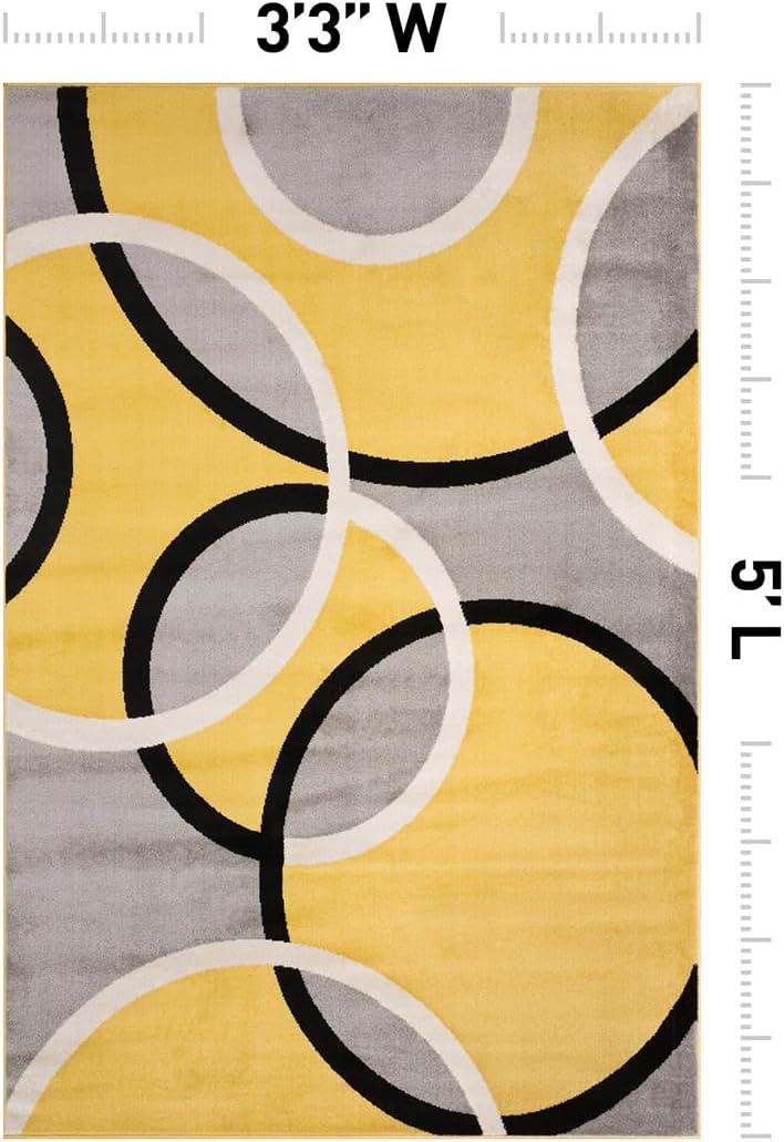 Contemporary Abstract Circles Area Rug, Carpet with Jute Backing for Entryway, Kitchen, or Small Bedroom, Yellow, 3'3" x 5'
