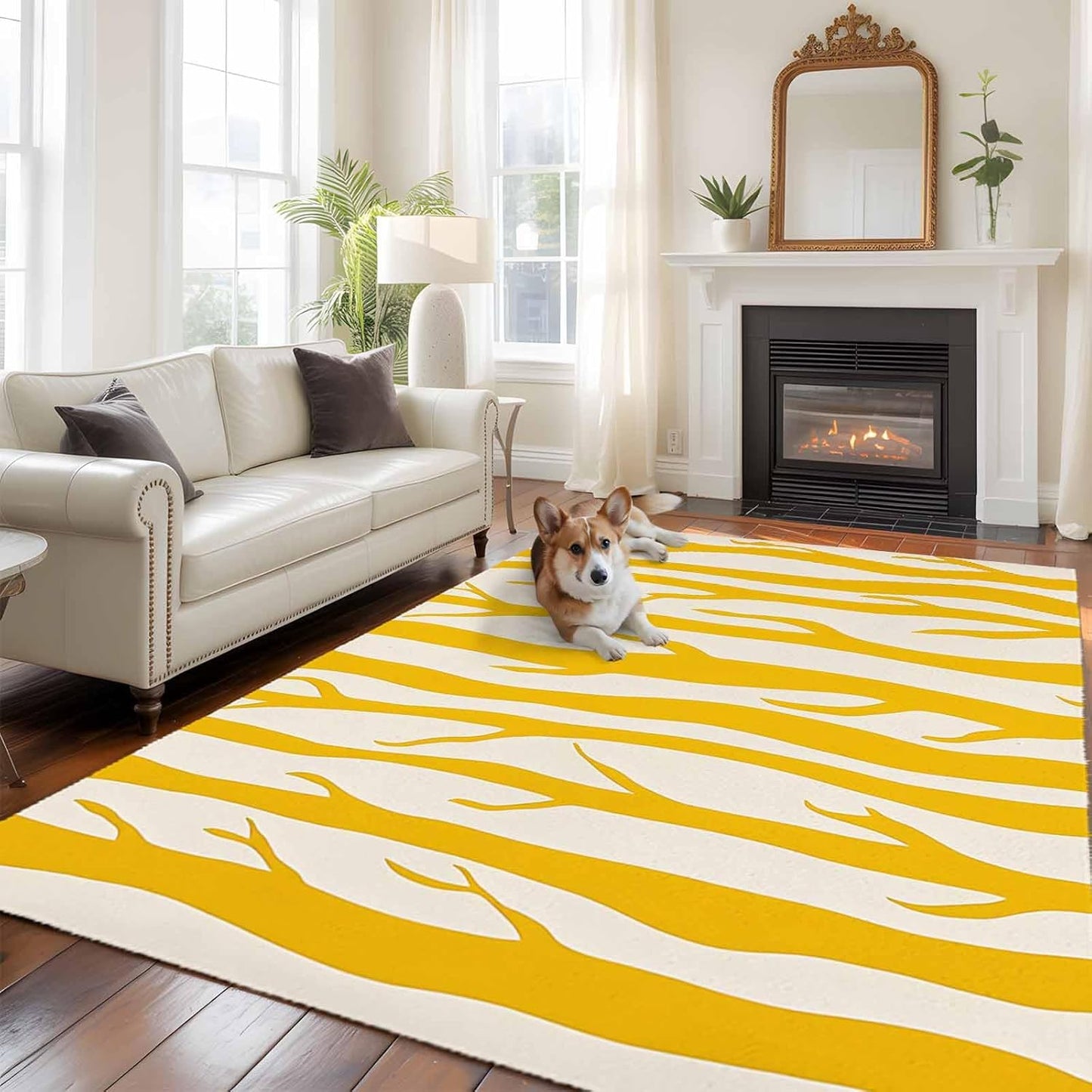 Modernism Line Washable Living Room Rugs 5'x7', Yellow Linear Abstract Composition Low Pile Throw Large Area Rugs Non-Slip Sturdy Edge Binding Carpet for Dining Room Bedside Kitchen