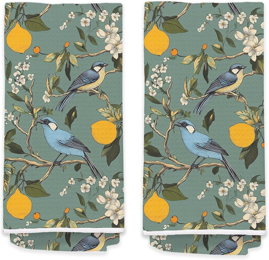 Sage Green Floral Bathroom Hand Towels Set of 2 - Retro French Flower Lemon Hummingbird Guest Bathroom Hand Towels, Vintage Cottagecore Chinoiserie Botanical Dish Tea Towels for Kitchen Decor