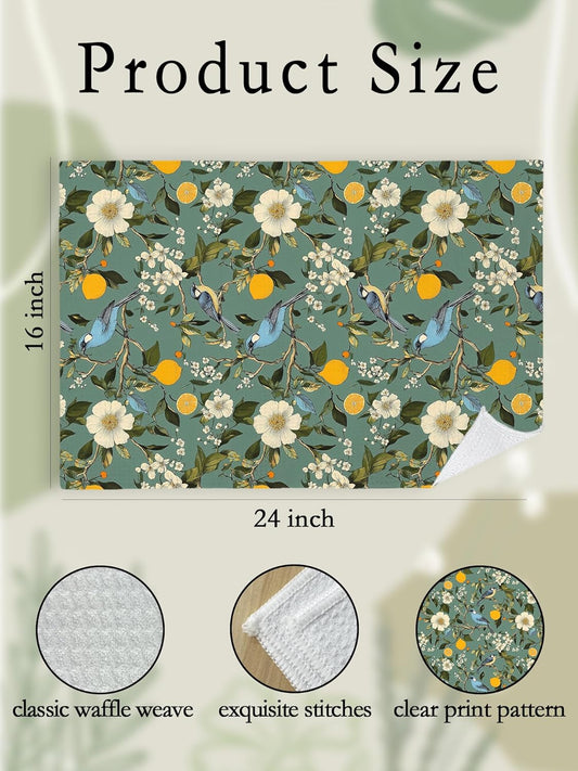 Sage Green Floral Bathroom Hand Towels Set of 2 - Retro French Flower Lemon Hummingbird Guest Bathroom Hand Towels, Vintage Cottagecore Chinoiserie Botanical Dish Tea Towels for Kitchen Decor