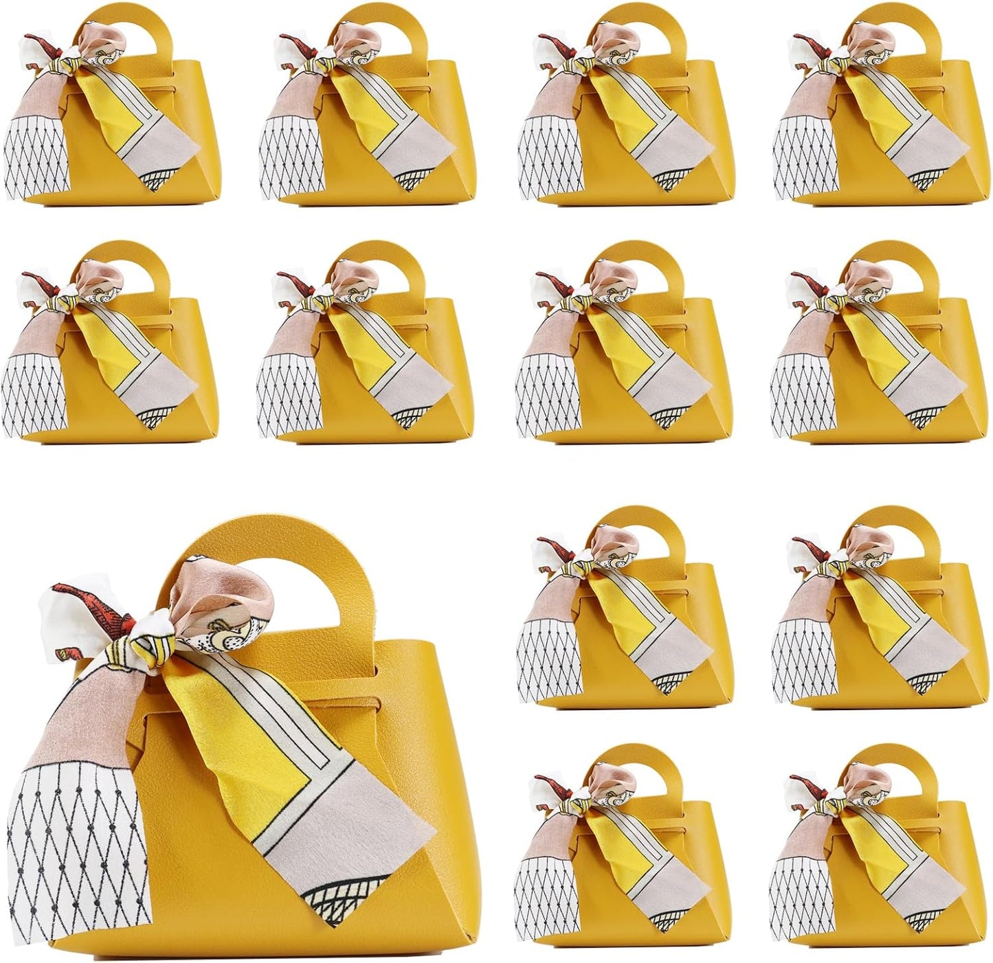 12 Pack Leather Ribbon Candy Bag Gift Bags PU Wedding Gift Bags with Handle Ribbon Reusable Party Favor Boxes for Weddings Birthdays Christmas Baby Showers Halloween(Yellow)