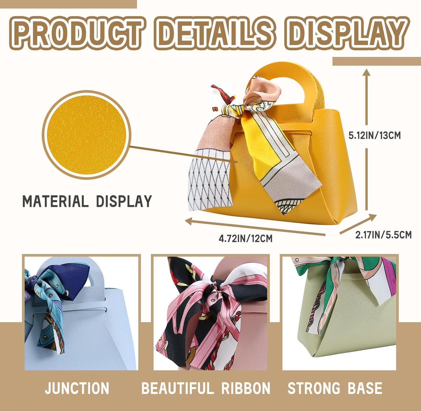 12 Pack Leather Ribbon Candy Bag Gift Bags PU Wedding Gift Bags with Handle Ribbon Reusable Party Favor Boxes for Weddings Birthdays Christmas Baby Showers Halloween(Yellow)