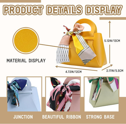 12 Pack Leather Ribbon Candy Bag Gift Bags PU Wedding Gift Bags with Handle Ribbon Reusable Party Favor Boxes for Weddings Birthdays Christmas Baby Showers Halloween(Yellow)