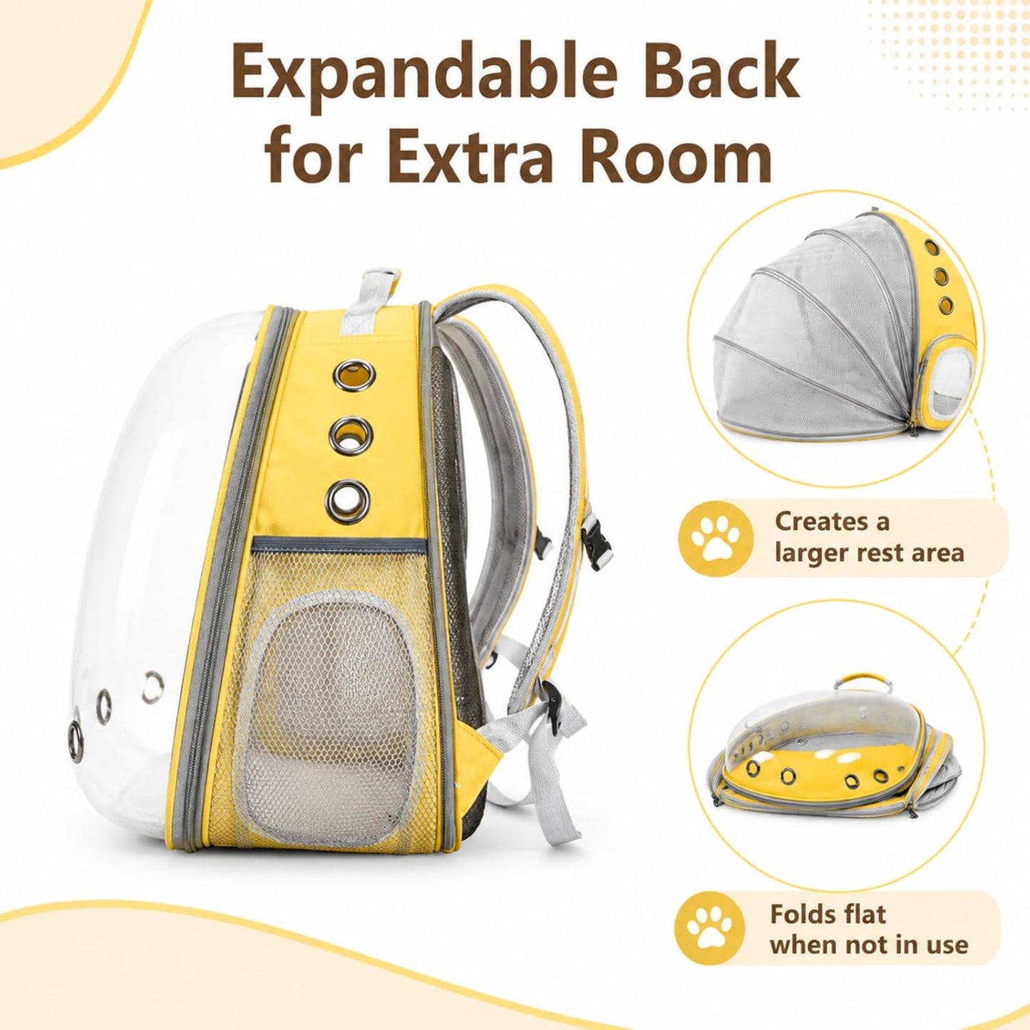 Cat Backpack Carrier Back Expandable Bubble Pet Carrier Backpack for Large Cat, Kitten and Dog, Designed for Hiking, Travelling and Outdoor Use (Back Expandable-Yellow)