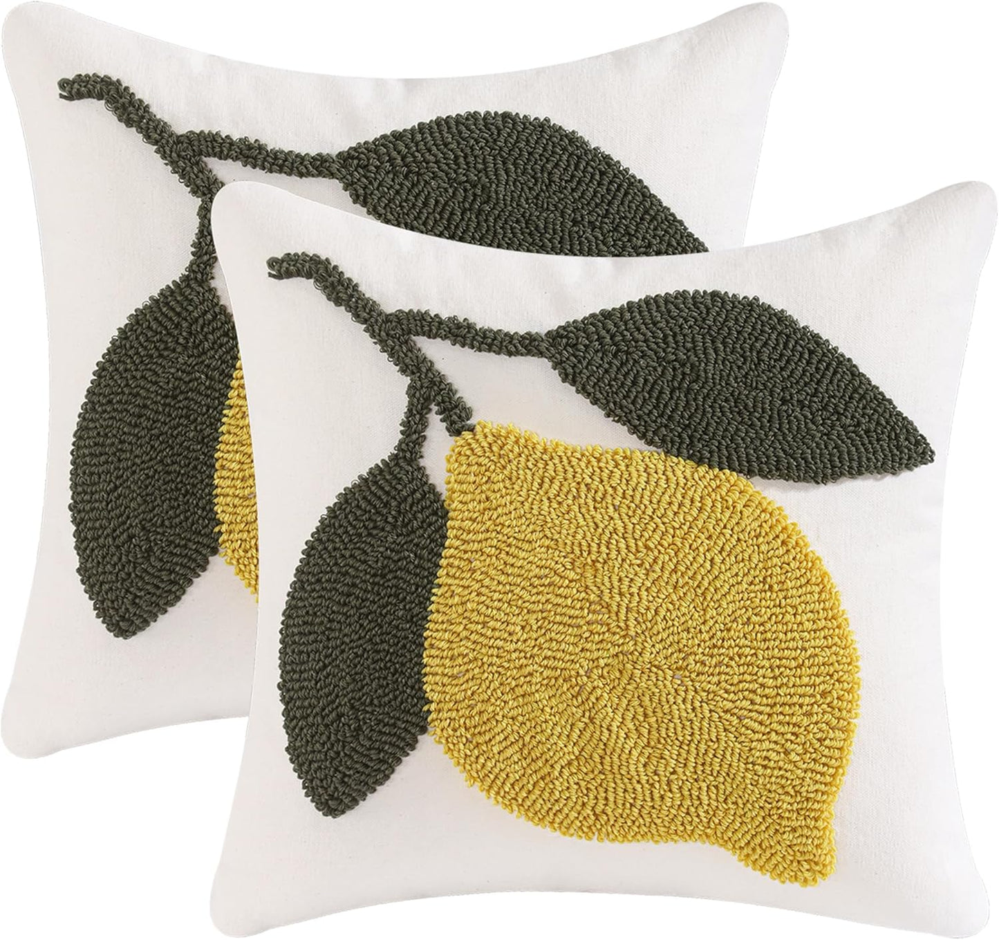 Embroidered Throw Pillow Covers 18x18 Pack of 2 Yellow Lemon Pillow Cushion Cases Farmhouse Decor Square Tufted Pillowcases for Summer Sofa Couch Bedroom