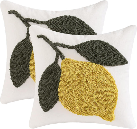 Embroidered Throw Pillow Covers 18x18 Pack of 2 Yellow Lemon Pillow Cushion Cases Farmhouse Decor Square Tufted Pillowcases for Summer Sofa Couch Bedroom
