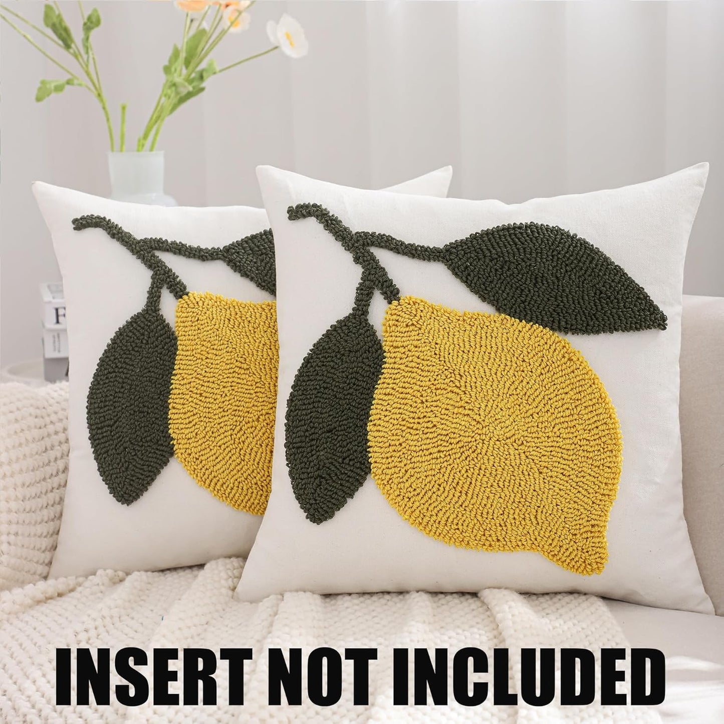 Embroidered Throw Pillow Covers 18x18 Pack of 2 Yellow Lemon Pillow Cushion Cases Farmhouse Decor Square Tufted Pillowcases for Summer Sofa Couch Bedroom