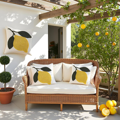 Embroidered Throw Pillow Covers 18x18 Pack of 2 Yellow Lemon Pillow Cushion Cases Farmhouse Decor Square Tufted Pillowcases for Summer Sofa Couch Bedroom