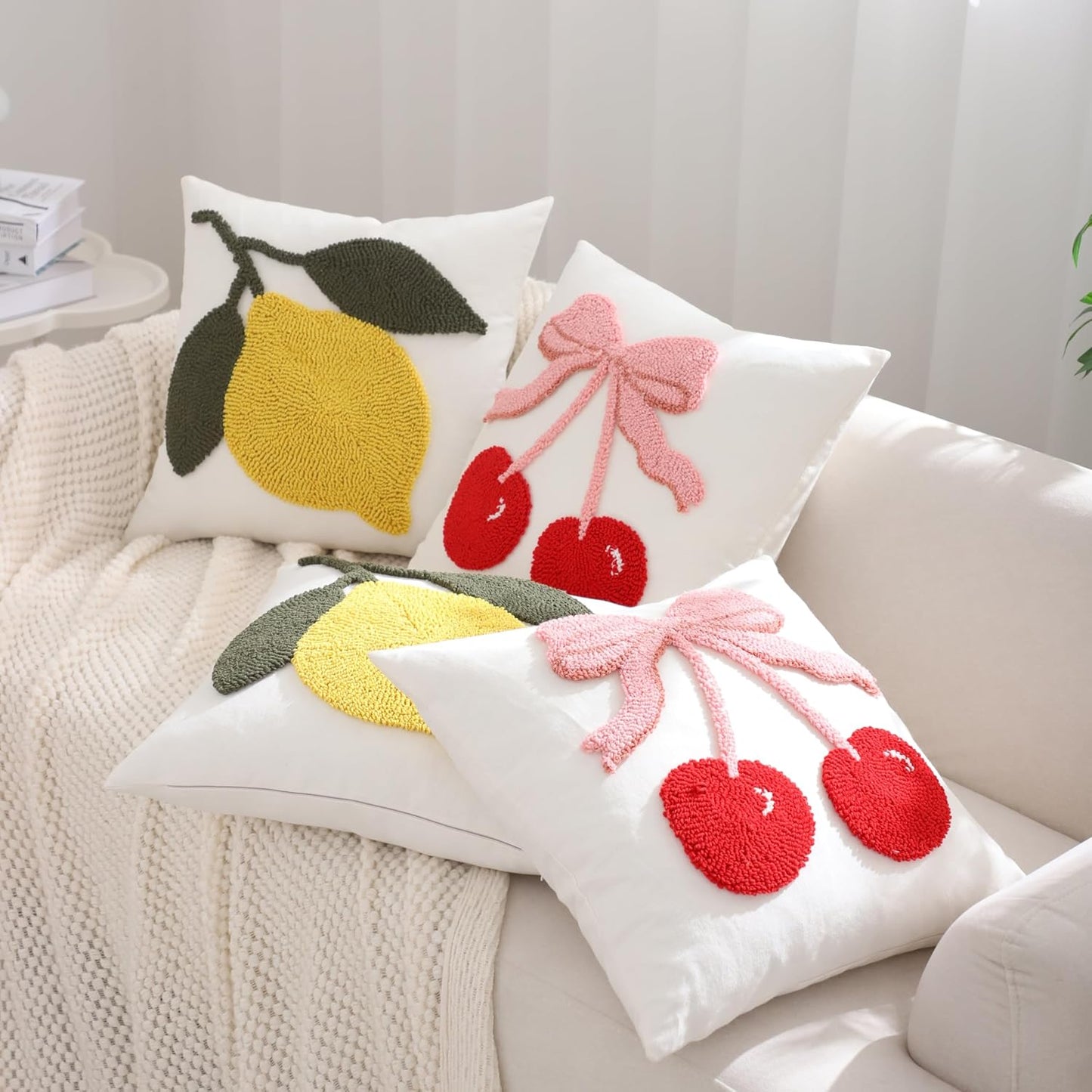 Embroidered Throw Pillow Covers 18x18 Pack of 2 Yellow Lemon Pillow Cushion Cases Farmhouse Decor Square Tufted Pillowcases for Summer Sofa Couch Bedroom