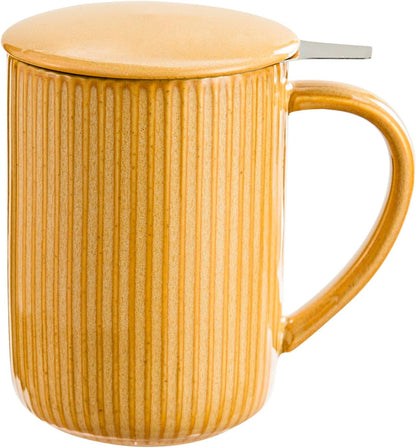 Yundu 15.5oz/470ml Ceramics Teacups with Infuser and Lid, Loose Leaf Tea Cup - (Flambe Mustard Yellow)