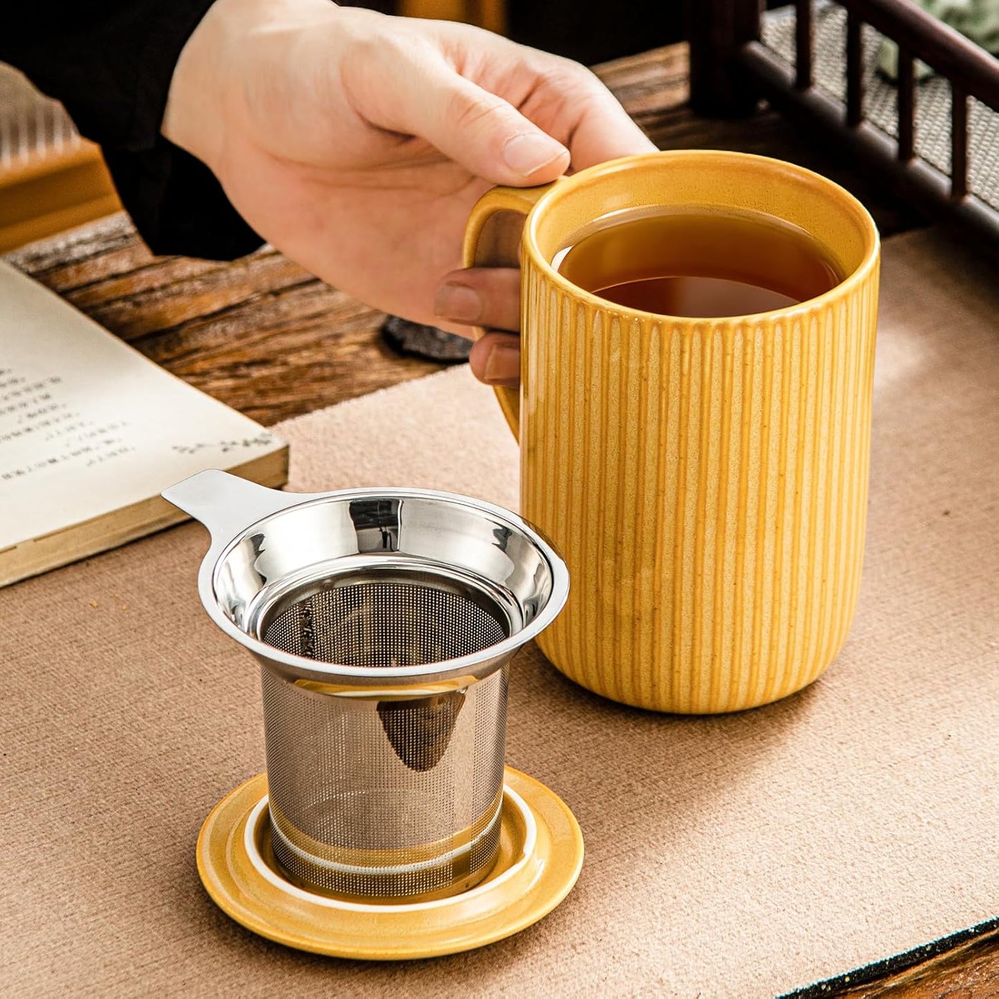 Yundu 15.5oz/470ml Ceramics Teacups with Infuser and Lid, Loose Leaf Tea Cup - (Flambe Mustard Yellow)