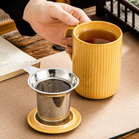 Yundu 15.5oz/470ml Ceramics Teacups with Infuser and Lid, Loose Leaf Tea Cup - (Flambe Mustard Yellow)