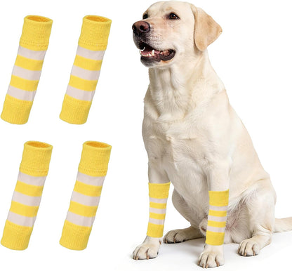 Dog Leg Warmers, Soft Dog Elbow Protector Sleeve Joint Protection Striped Winter Warm Knitted Pet Leg Socks, (Yellow, L, 4Pcs), Intended for Small/Medium/Large Puppies Cats